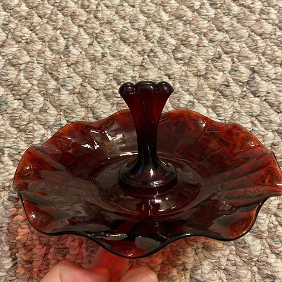 7” Vintage Anchor Hocking Glass Tidbit Tray Royal Ruby Red Center Handled Plate - Picture 3 of 10